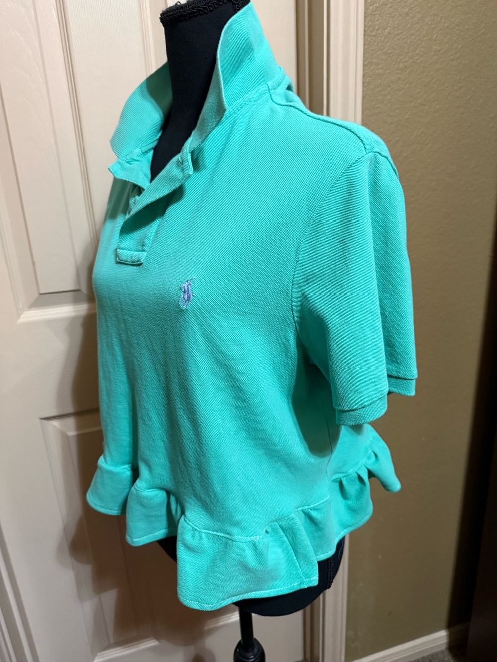Upcycled Mens Ralph Lauren Turquoise Ruffle-Hem Polo Top - Picture 3 of 11